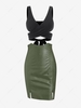 Plunge Crossover Tied Top and PU Slit Bodycon Skirt Set Black