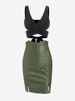 Plunge Crossover Tied Top and PU Slit Bodycon Skirt Set Black