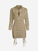 Plunge Front Cinched Drop Shoulder Bodycon Dress L Light coffee