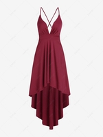 Plunge Front Lace Up High Low Party Dress M Deep red