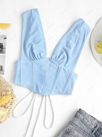 Plunge Lace-up Double-layered Corset Top M Light blue