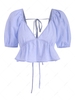 Plunge Puff Sleeve Back Tie Blouse L Light blue