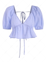 Plunge Puff Sleeve Back Tie Blouse L Light blue