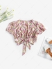 Plunge Puff Sleeve Floral Print Tie Cropped Blouse Xl Light pink
