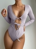 Plunge Ribbed Cutout Wrap-tie Long Sleeve Bodysuit Xs Light gray