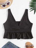 Plunge Ruffle Tank Top M Black