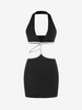 Plunging Neck Cutout Metallic Thread Mini Dress M Black