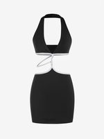 Plunging Neck Cutout Metallic Thread Mini Dress M Black