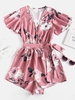 Plunging Neck Floral Print Layered Romper M Pink