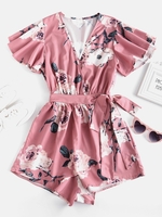 Plunging Neck Floral Print Layered Romper M Pink