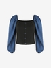 Plus Size Colorblock Puff Sleeve Mock Button Blouse