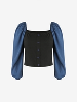 Plus Size Colorblock Puff Sleeve Mock Button Blouse