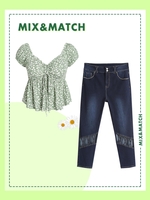 Plus Size Ditsy Print Cinched Blouse and Studded Crisscross Cutout Skinny Jeans