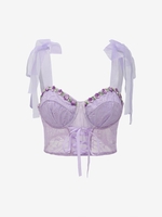 Plus Size Floral Embroidered Lace Tie Shoulder Corset Top