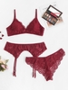 Plus Size Flower Lace Bowknot Scalloped Garter Lingerie Set