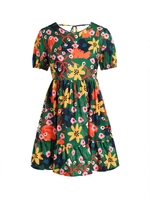 Plus Size Flower Print Puff Sleeve Open Back Dress