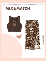 Plus Size Heart Pattern Leopard Print Cinched Slit Midi Skirt Set