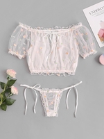 Plus Size Mesh Sheer Puff Sleeve Embroidered Lingerie Set