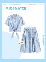 Plus Size Palm Leaf Ruffle Self-tie Shirt and Midi Skirt Set