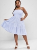 Plus Size Pinstriped Tie Shoulder Smocked Bodice Tiered Dress