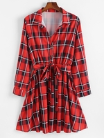 Plus Size Plaid Half Button Belted Dress