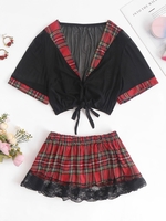 Plus Size Plaid Mesh Lace Insert Skirt School Girl Costume