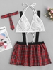 Plus Size Plaid Tie Mesh Suspender Skirt School Girl Costume