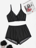Plus Size Polka Dot Lace Trim Pyjama Set