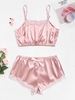 Plus Size Satin Lace Insert Bowknot Picot Trim Pajama Shorts Set