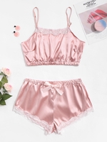 Plus Size Satin Lace Insert Bowknot Picot Trim Pajama Shorts Set