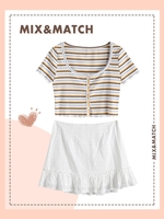 Plus Size Striped Botton Up Lettuce Trim Tee and Broderie Anglaise Skirt Set