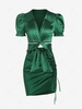 Puff Sleeve Satin Wrap Blouse and Cinched Bodycon Skirt Set Deep green