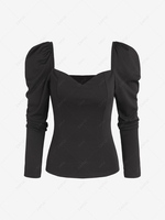 Puff Sleeve Sweetheart Solid Tee S Black