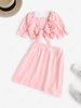 Puff Sleeve Tie Front Gingham Top and Skirt Set L Light pink