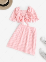 Puff Sleeve Tie Front Gingham Top and Skirt Set S Light pink