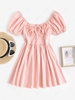 Puff Sleeve Tie Ruched Milkmaid Dress S Light pink
