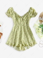 Puff Sleeve Tiny Floral Print Ruffled Romper L Light green