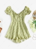 Puff Sleeve Tiny Floral Print Ruffled Romper S Light green