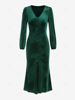 Puff Sleeve Velvet Mock Button Slit Maxi Bodycon Dress M Deep green