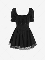 Puff Sleeves Bow Decor Smock Dress M Black