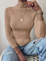 Pullover Mock Neck Plain Slim Sweater Camel brown
