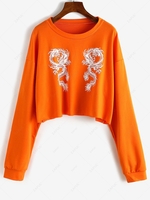 Pullover Oriental Dragon Cropped Sweatshirt S Orange