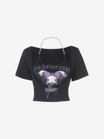 Push Buck Open Bust T Shirt with Skull Butterfly Print Tank Top M Black