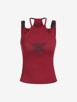 Push Buckle Ribbed Embroidered Cut Out Tank Top S Deep red