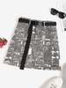 Push-buckled Belt Car Figure Print Mini Skirt L Dark gray