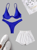Push Up Plunge Bikini with Frilled Ribbed Boyshort Swim Bottom Blue