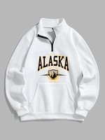Quarter Zip ALASKA Graphic Fleece Thermal Lined Front Pocket Vintage Pullover Sweatshirt Xl White