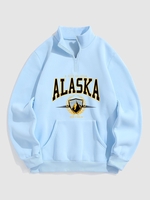 Quarter Zip ALASKA Graphic Fleece Thermal Lined Front Pocket Vintage Pullover Sweatshirt Xxl Light blue