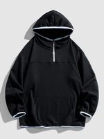 Quarter Zip Contrast Piping Pockets Hoodie L Black