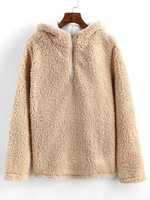 Quarter Zip Faux Shearling Teddy Hoodie M Light coffee